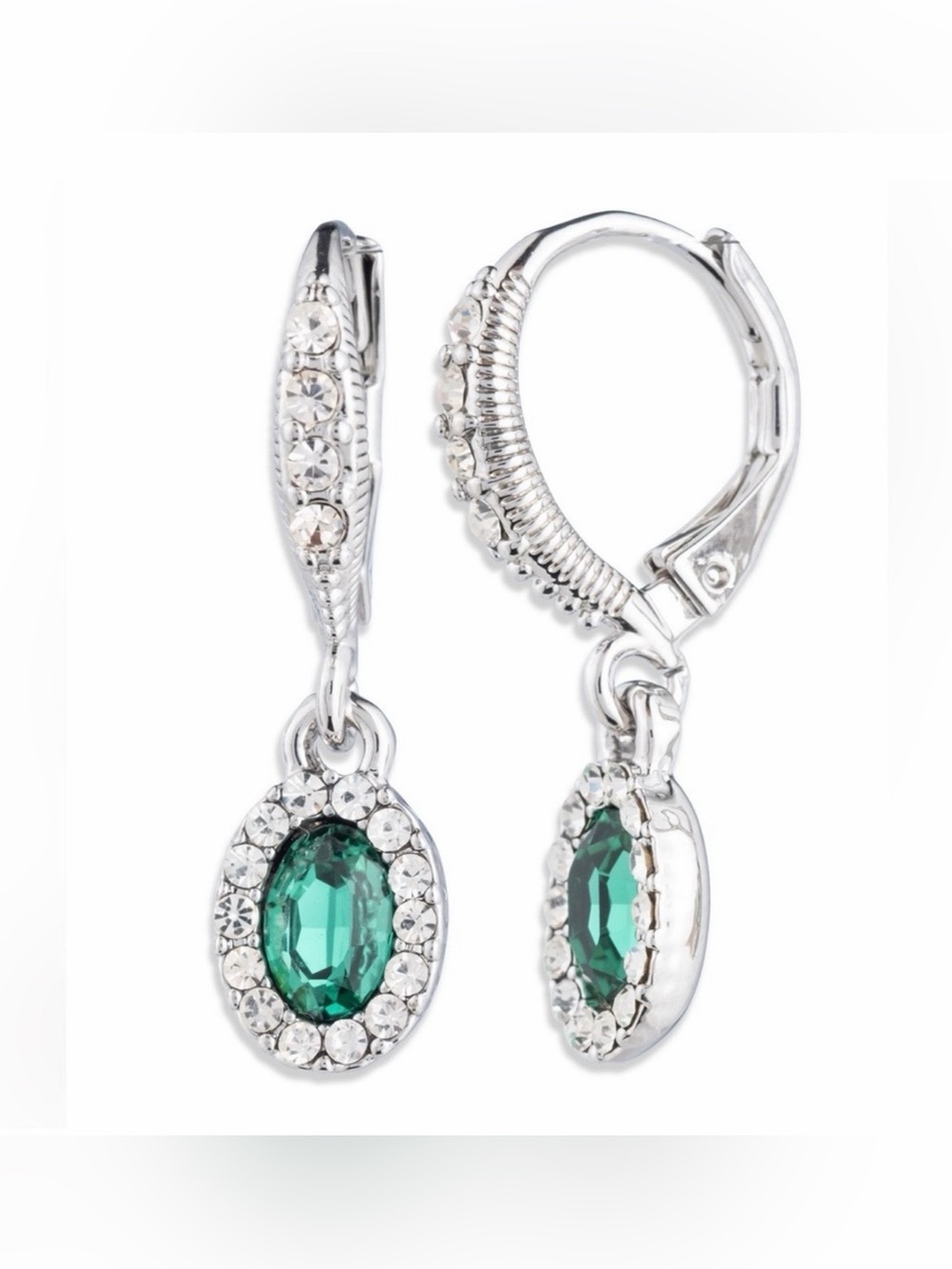 Givenchy NWT Emerald Drop Crystal Hoop Earrings - Silver Tone